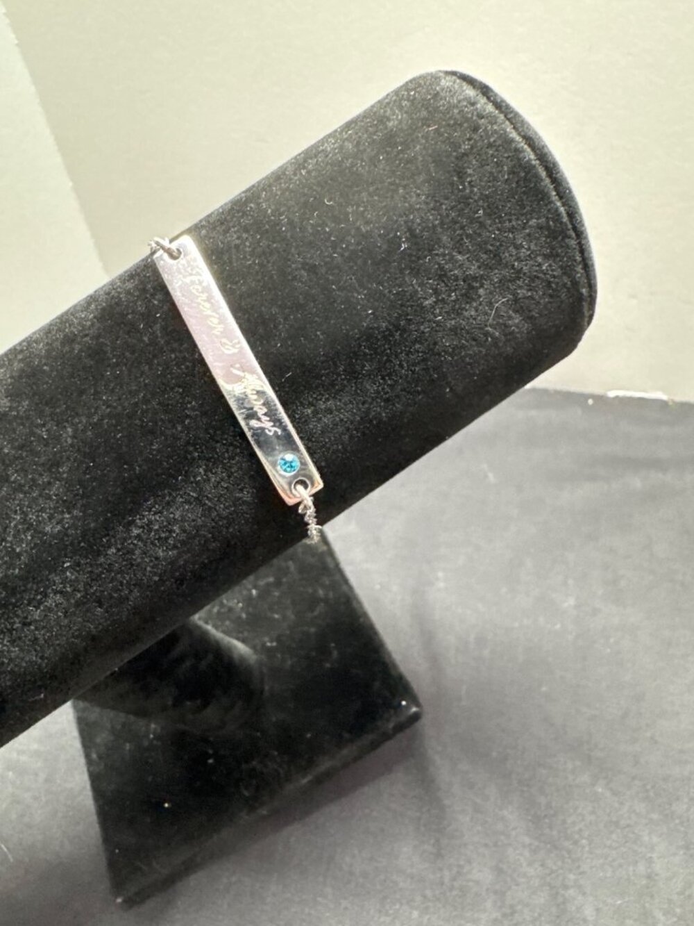 Sterling Silver Forever & Always Love Engraved Bracelet Blue Gemstone Accent & A